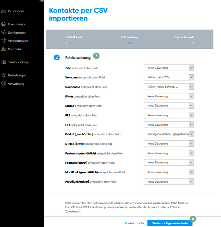 Kontaktimport per CSV: Feldzuweisung