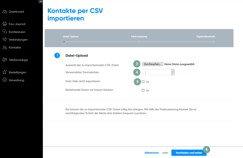 Einstellungen des CSV imports